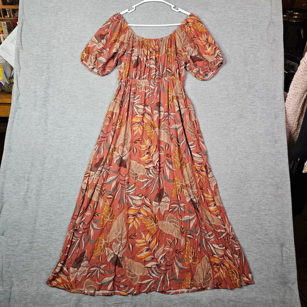Final Touch Women's Floral Maxi Dress Orange Boho Smocked Puff Sleeve Sz M USA